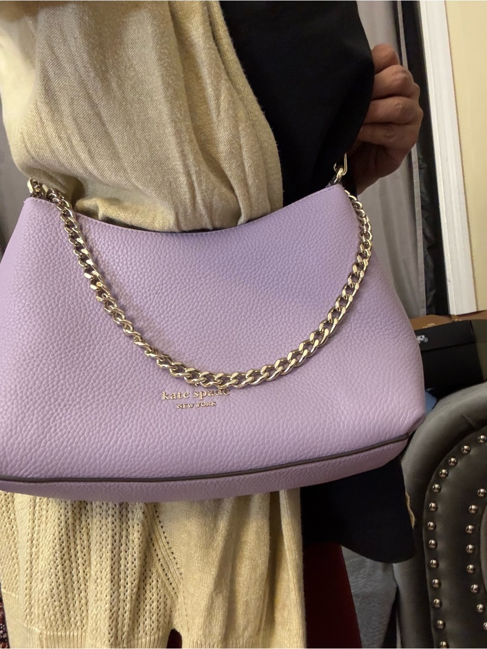 kate spade lavender pebbled leather shoulder bag with gold chain